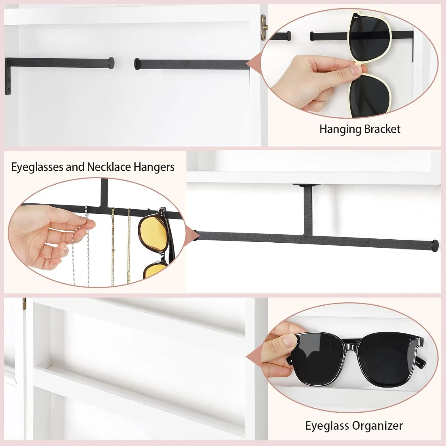 Keebofly Wall Mounted Sunglass & Jewelry Organizer with Mirror - Rustic Wood Storage Cabinet for Necklaces, Earrings, Bracelets, Rings, Eyeglasses - Display Case with Large Space (White)