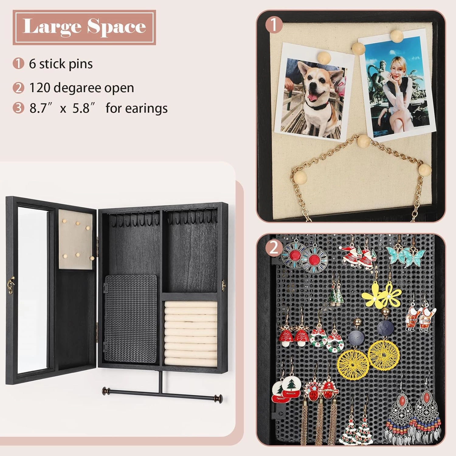 Keebofly Wall Mounted Jewelry Organizer With Rustic Wood Large Space Jewelry Cabinet, Holder, Storage Box for Necklaces, Earrings, Bracelets, Ring Holder, and Accessories Black