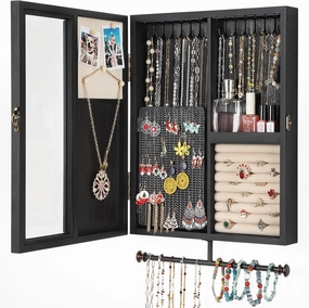 Keebofly Wall Mounted Jewelry Organizer With Rustic Wood Large Space Jewelry Cabinet, Holder, Storage Box for Necklaces, Earrings, Bracelets, Ring Holder, and Accessories Black