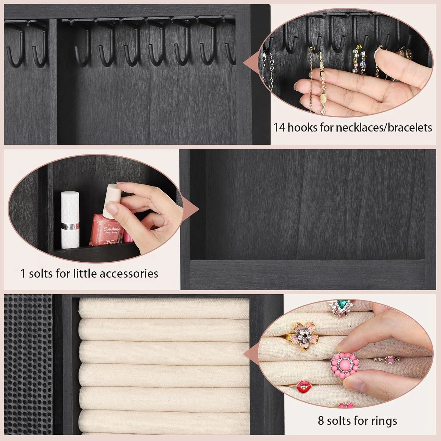 Keebofly Wall Mounted Jewelry Organizer With Rustic Wood Large Space Jewelry Cabinet, Holder, Storage Box for Necklaces, Earrings, Bracelets, Ring Holder, and Accessories Black