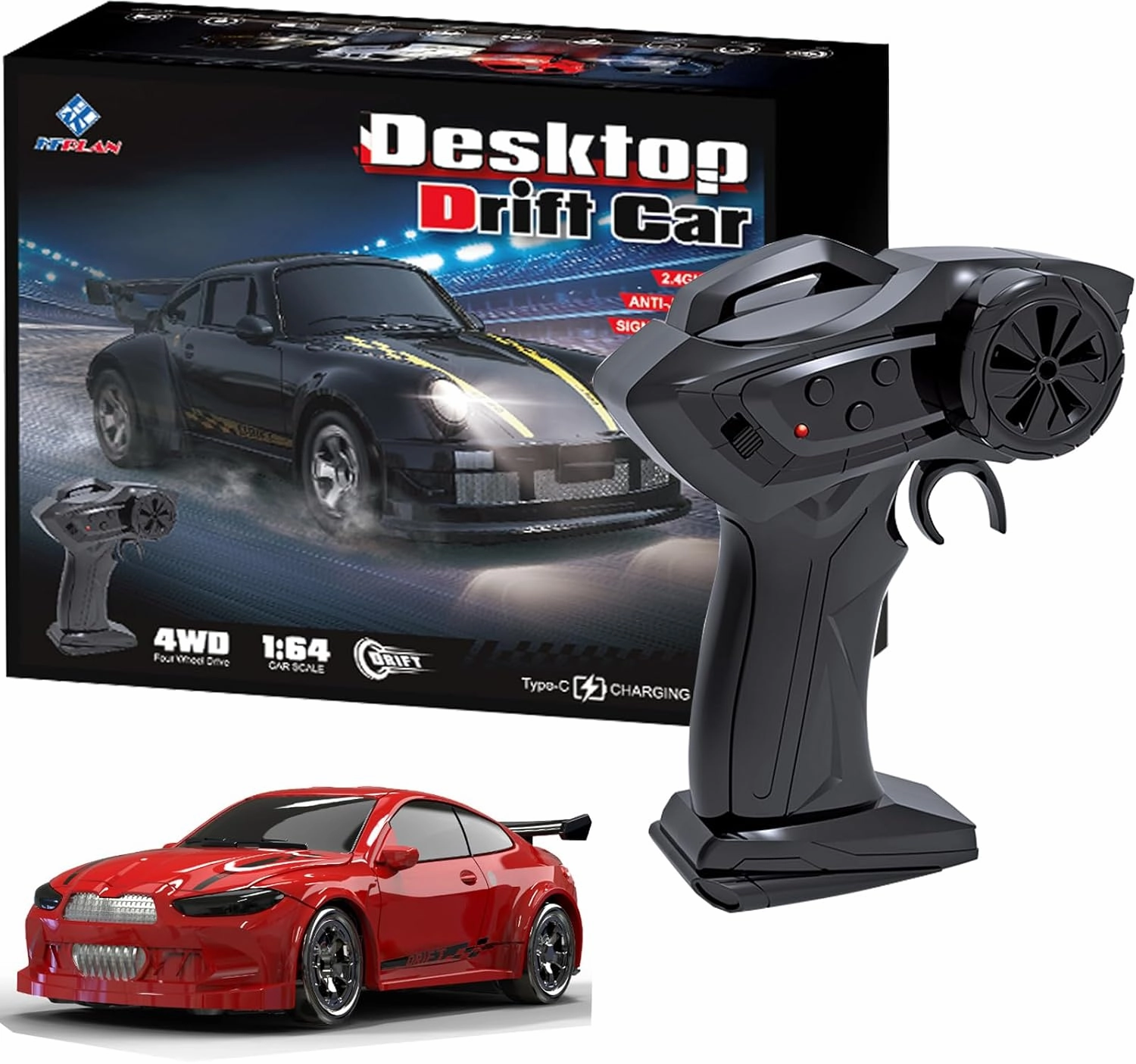 KF20 1:64 Scale Mini Drift RC Car with Full Proportional RTR 2.4GHZ Remote Control for Desktop Racing (RED)