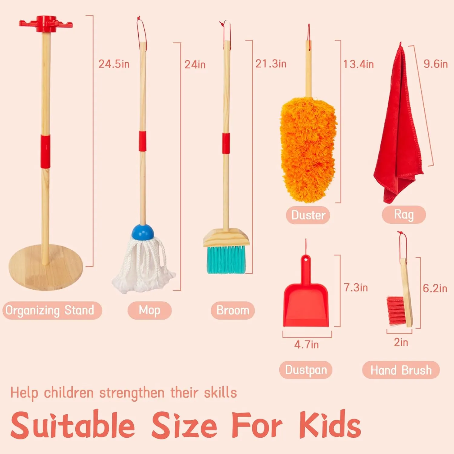 Kids Cleaning Set, Housekeeping Play Set Includes Broom Mop Duster Dustpan Brushes Rag and Organizing Stand, Cleaning Toys Gift for Toddlers Girls Boys Age 3-6, Solid Beech Wood (Red)