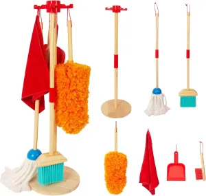 Kids Cleaning Set, Housekeeping Play Set Includes Broom Mop Duster Dustpan Brushes Rag and Organizing Stand, Cleaning Toys Gift for Toddlers Girls Boys Age 3-6, Solid Beech Wood (Red)