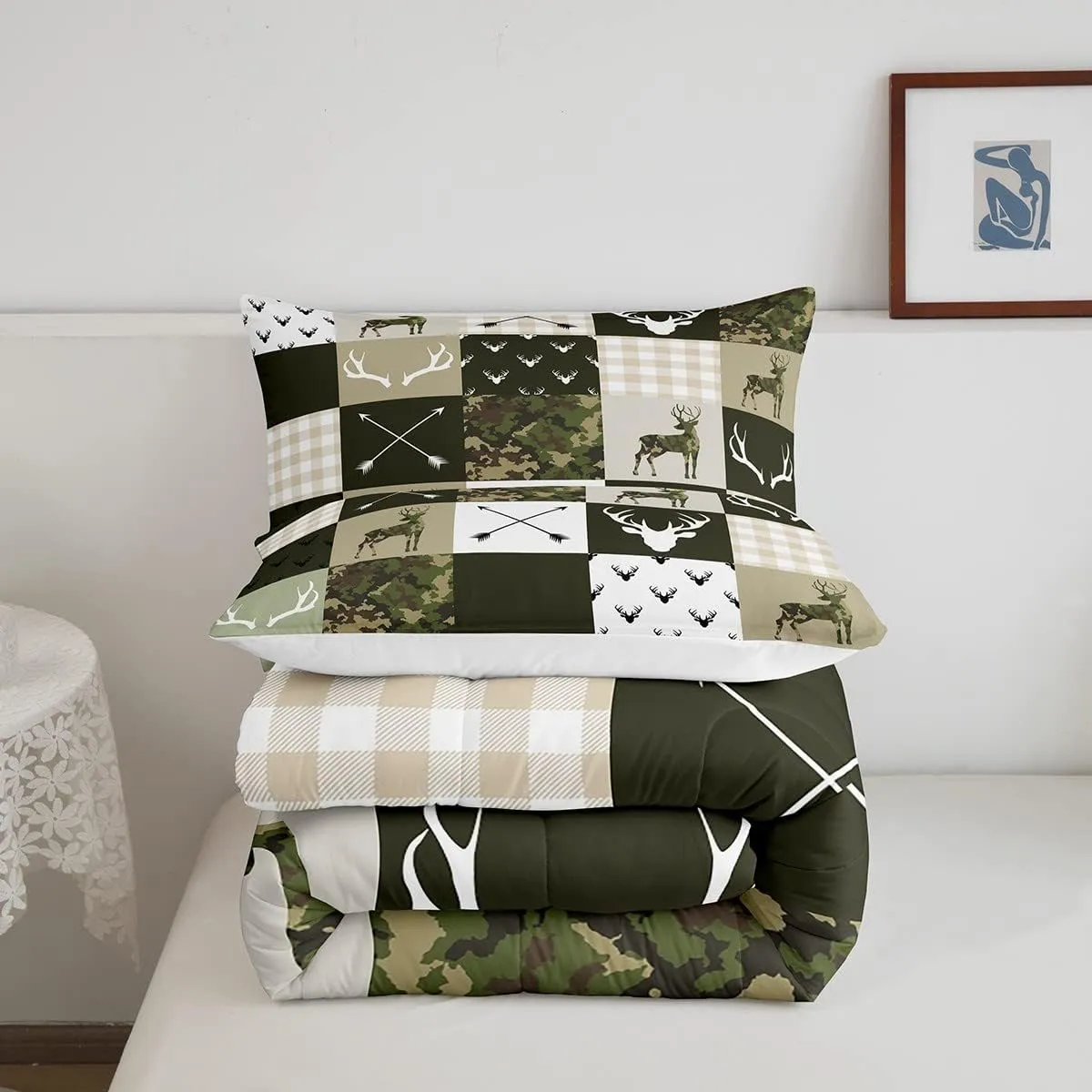Kids Deer Antler Animal Comforter Set King Size,Army Green Camo Xmas Bedding Set,Girls Boys Adults Bedroom/Cabin Decor,Plaid Patchwork Retro Down Comforter,Boho Arrows Duvet Insert,3pcs,2 Pillowcases