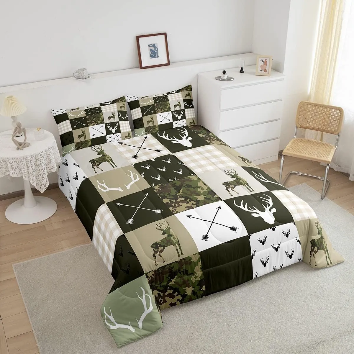Kids Deer Antler Animal Comforter Set King Size,Army Green Camo Xmas Bedding Set,Girls Boys Adults Bedroom/Cabin Decor,Plaid Patchwork Retro Down Comforter,Boho Arrows Duvet Insert,3pcs,2 Pillowcases