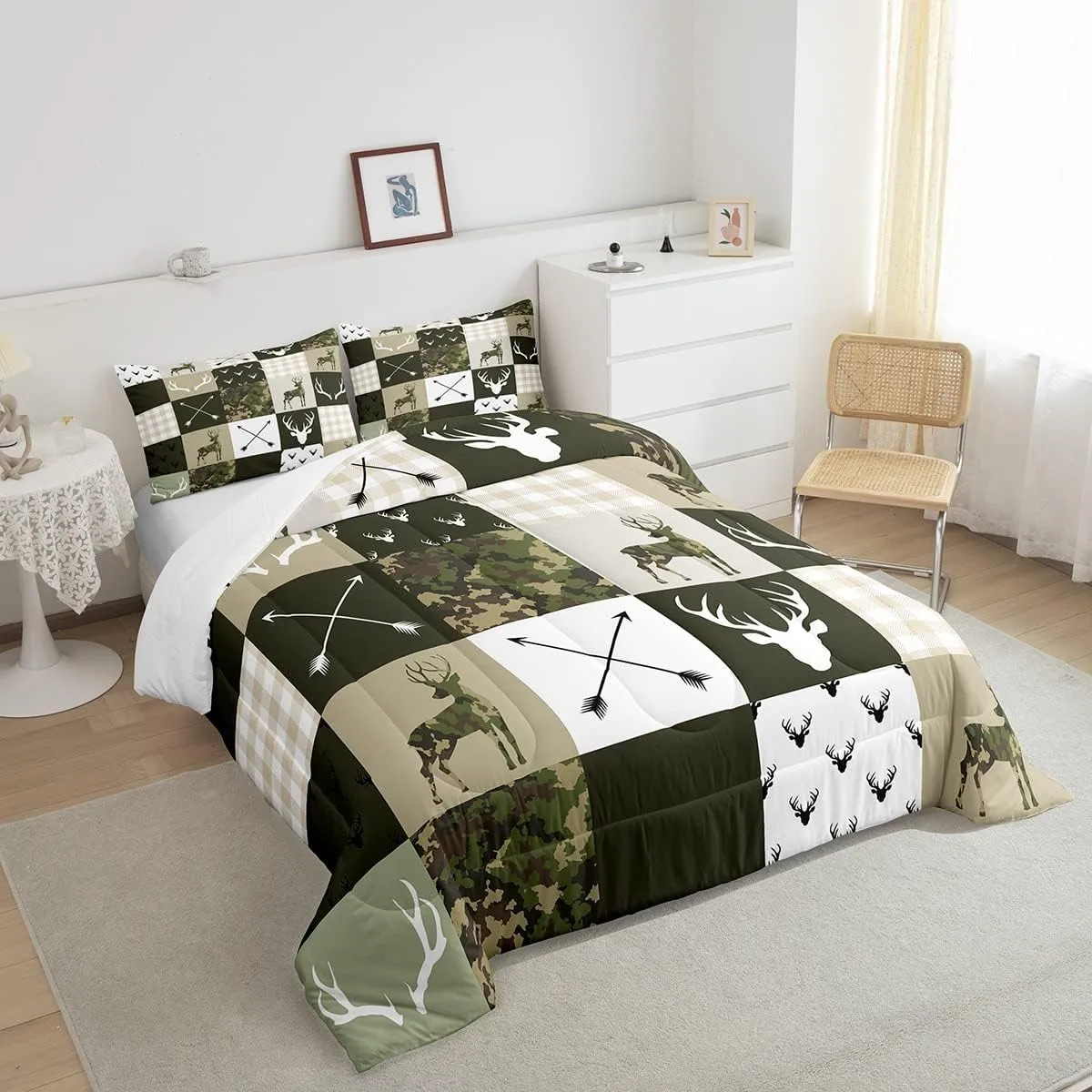 Kids Deer Antler Animal Comforter Set King Size,Army Green Camo Xmas Bedding Set,Girls Boys Adults Bedroom/Cabin Decor,Plaid Patchwork Retro Down Comforter,Boho Arrows Duvet Insert,3pcs,2 Pillowcases