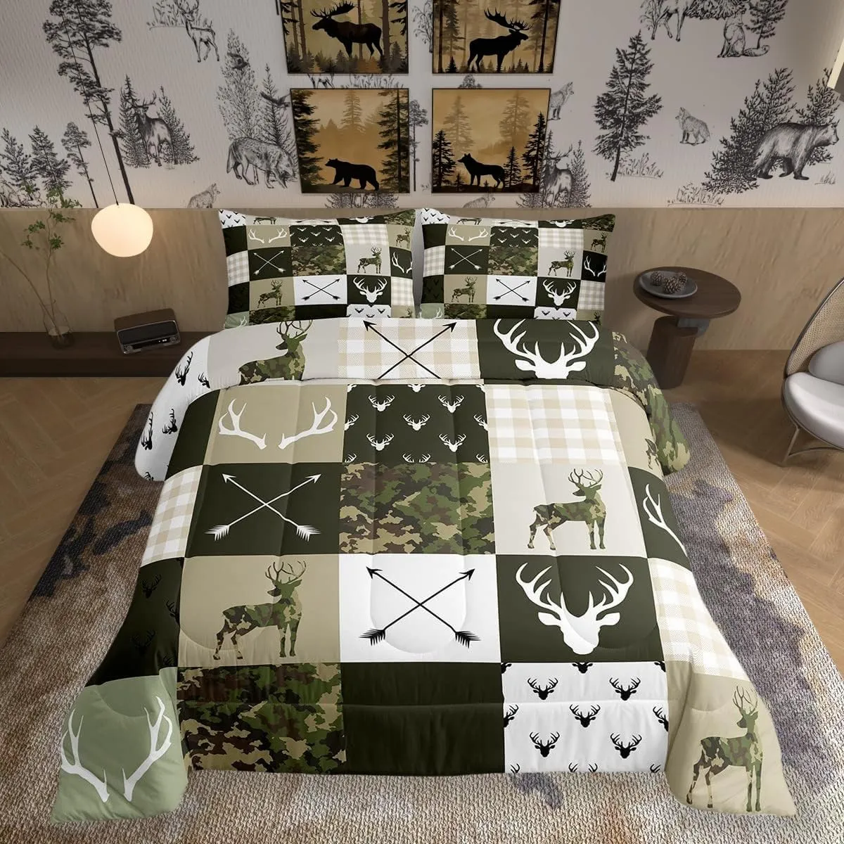 Kids Deer Antler Animal Comforter Set King Size,Army Green Camo Xmas Bedding Set,Girls Boys Adults Bedroom/Cabin Decor,Plaid Patchwork Retro Down Comforter,Boho Arrows Duvet Insert,3pcs,2 Pillowcases
