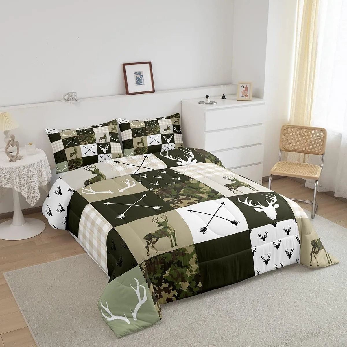 Kids Deer Antler Animal Comforter Set King Size,Army Green Camo Xmas Bedding Set,Girls Boys Adults Bedroom/Cabin Decor,Plaid Patchwork Retro Down Comforter,Boho Arrows Duvet Insert,3pcs,2 Pillowcases