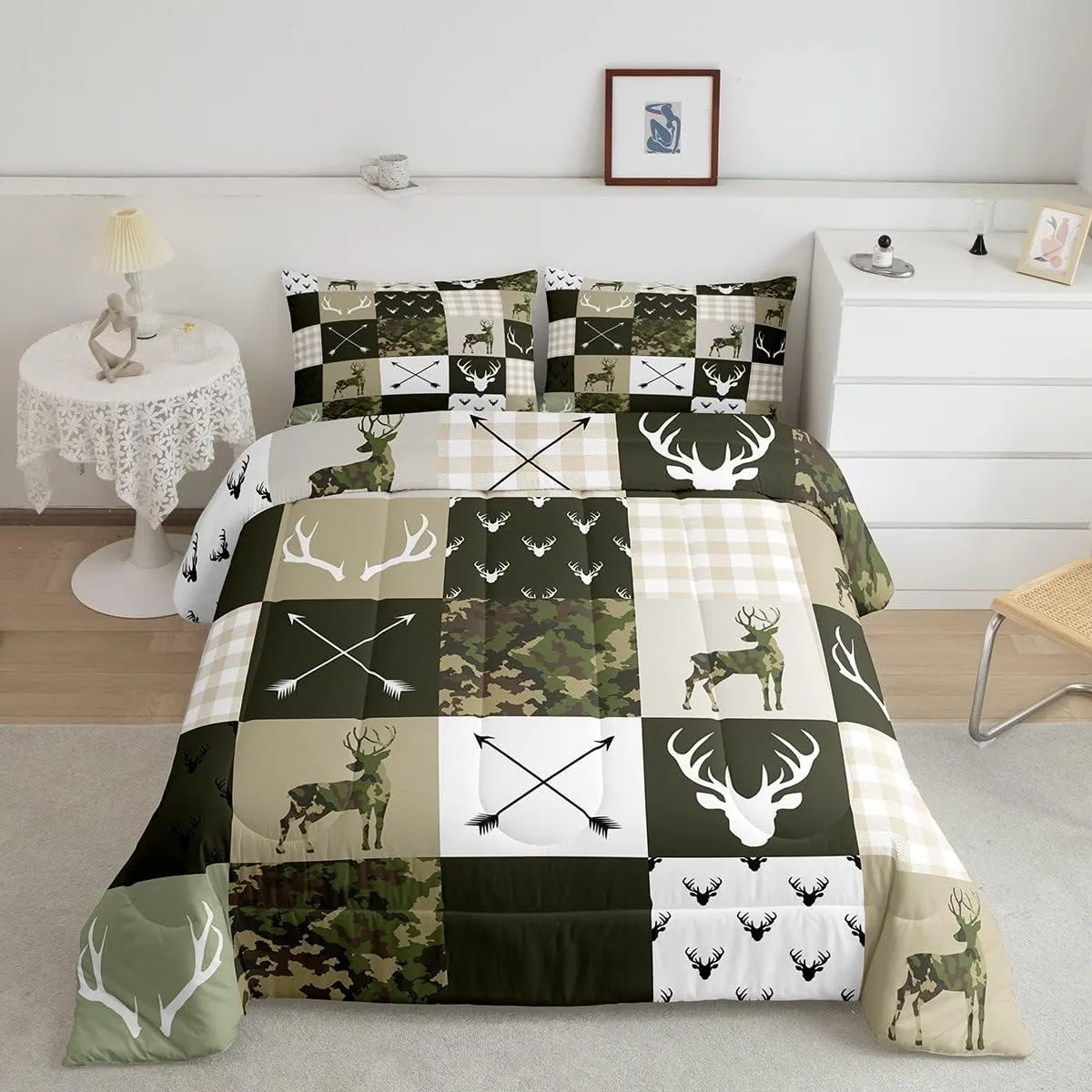 Kids Deer Antler Animal Comforter Set King Size,Army Green Camo Xmas Bedding Set,Girls Boys Adults Bedroom/Cabin Decor,Plaid Patchwork Retro Down Comforter,Boho Arrows Duvet Insert,3pcs,2 Pillowcases