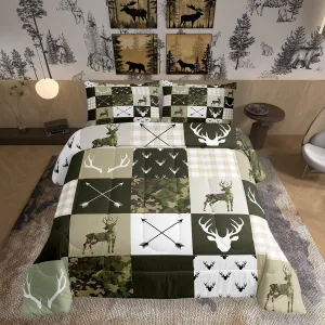 Kids Deer Antler Animal Comforter Set King Size,Army Green Camo Xmas Bedding Set,Girls Boys Adults Bedroom/Cabin Decor,Plaid Patchwork Retro Down Comforter,Boho Arrows Duvet Insert,3pcs,2 Pillowcases