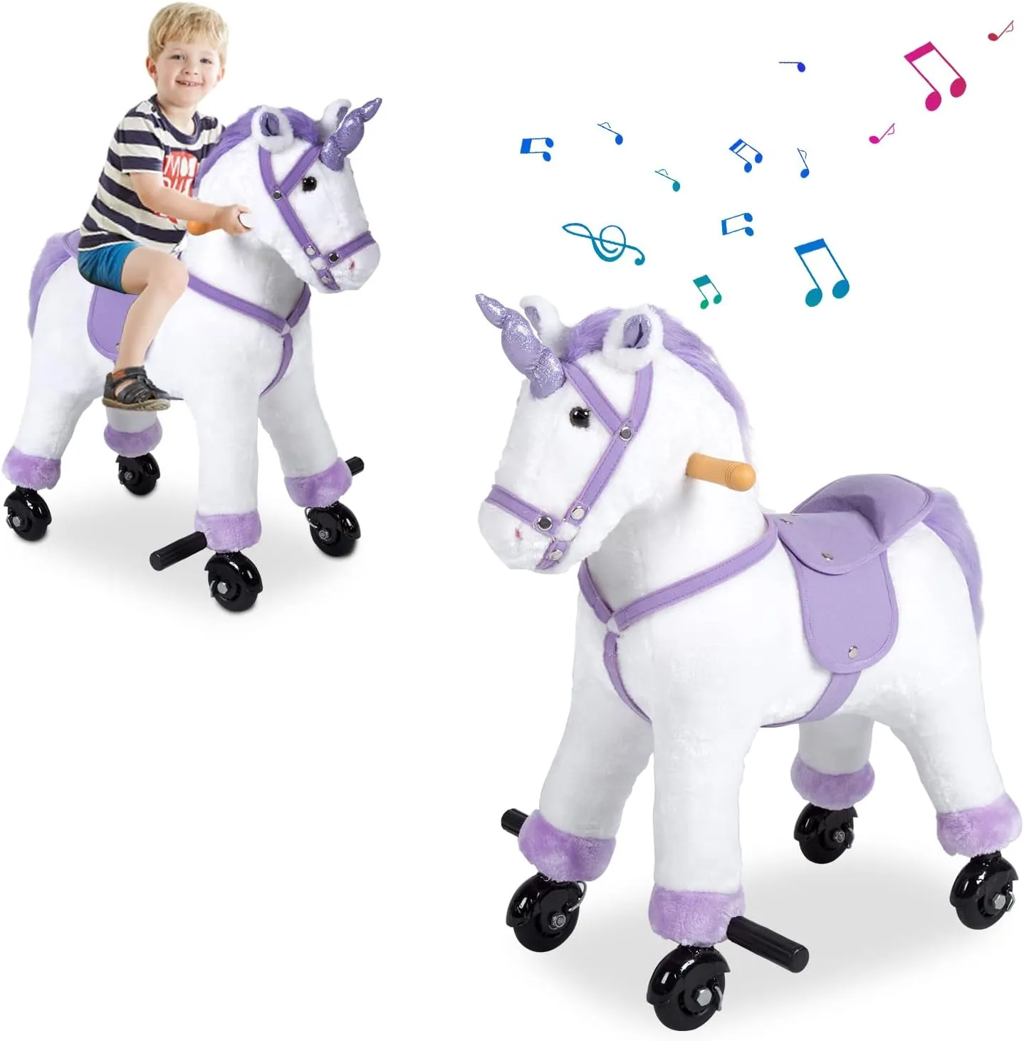 Kids Ride On Horse Toys - Unicorn Riding Horse, Mechanical Real Walking Horse with Rolling Wheels & Sound Music for Childern 3-6 Years Old, White