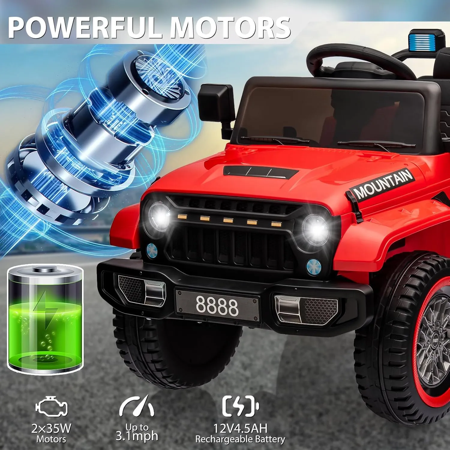 Kids Ride On Truck Car, 12V Battery Powered Electric Vehicle w/Remote Control, Led Lights, Wireless, 3 Speeds, Music & Horn, Kids Riding Toy for Boys Girls, Red