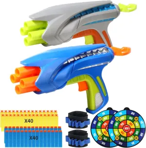 Kids Toy Gun with 80 Soft Bullets, Toy Guns with 4 Hole Rotating Barrel,Children's Indoor Outdoor Foam Dart Blaster Shooting Game, Toy Gifts for 6  Years Old Teenage Boys (Grey and Blue)