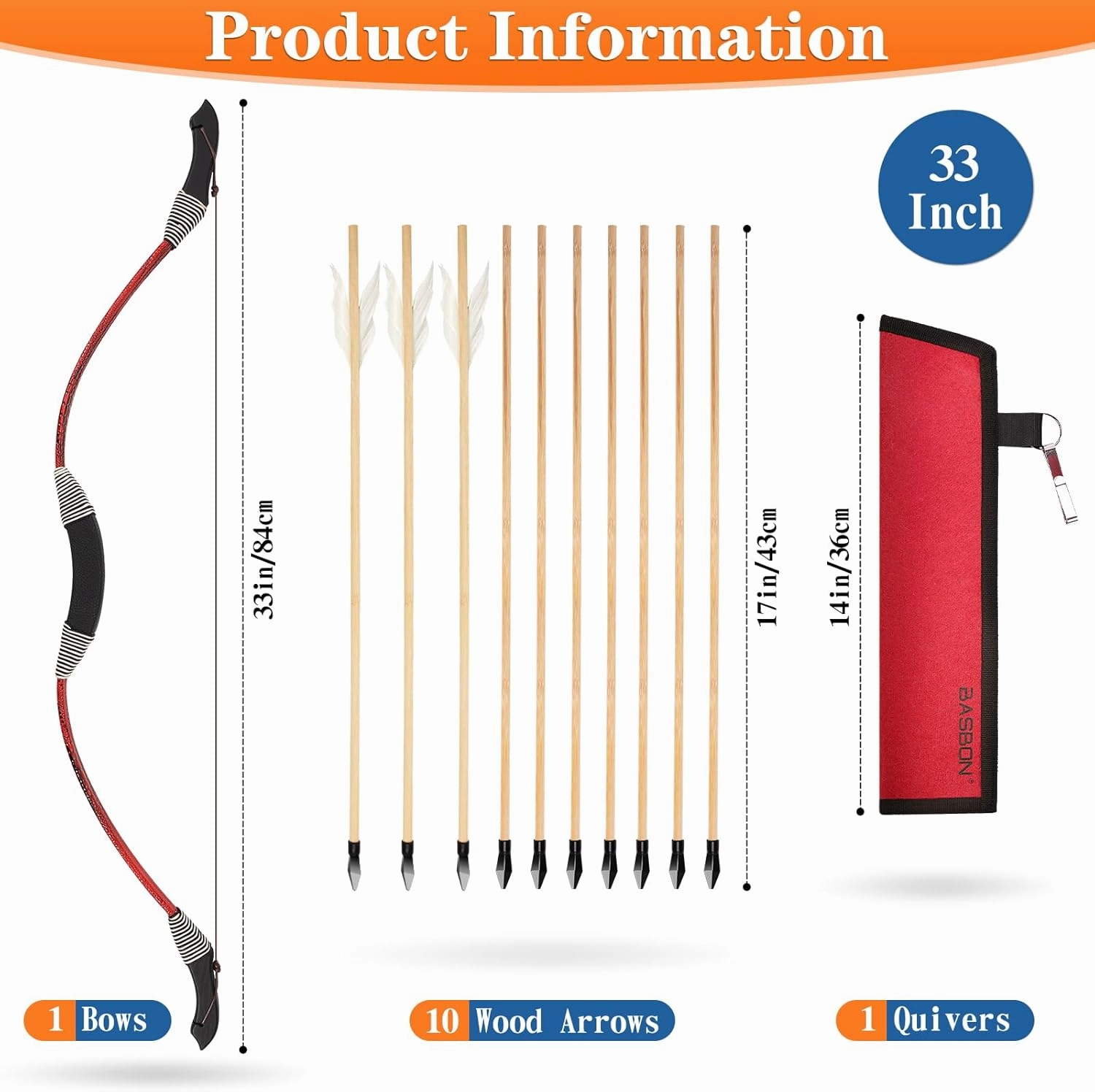 Kids Bow and Arrow Set, 33″ Archery Set Wrapped in Microfiber Leather Wooden Toy Bow and Arrow for Kids 6-8 8-12, 7 Wood Arrows, 3 Feathered Arrows (Rubber Tip), Gifts for Youth Boys Girls