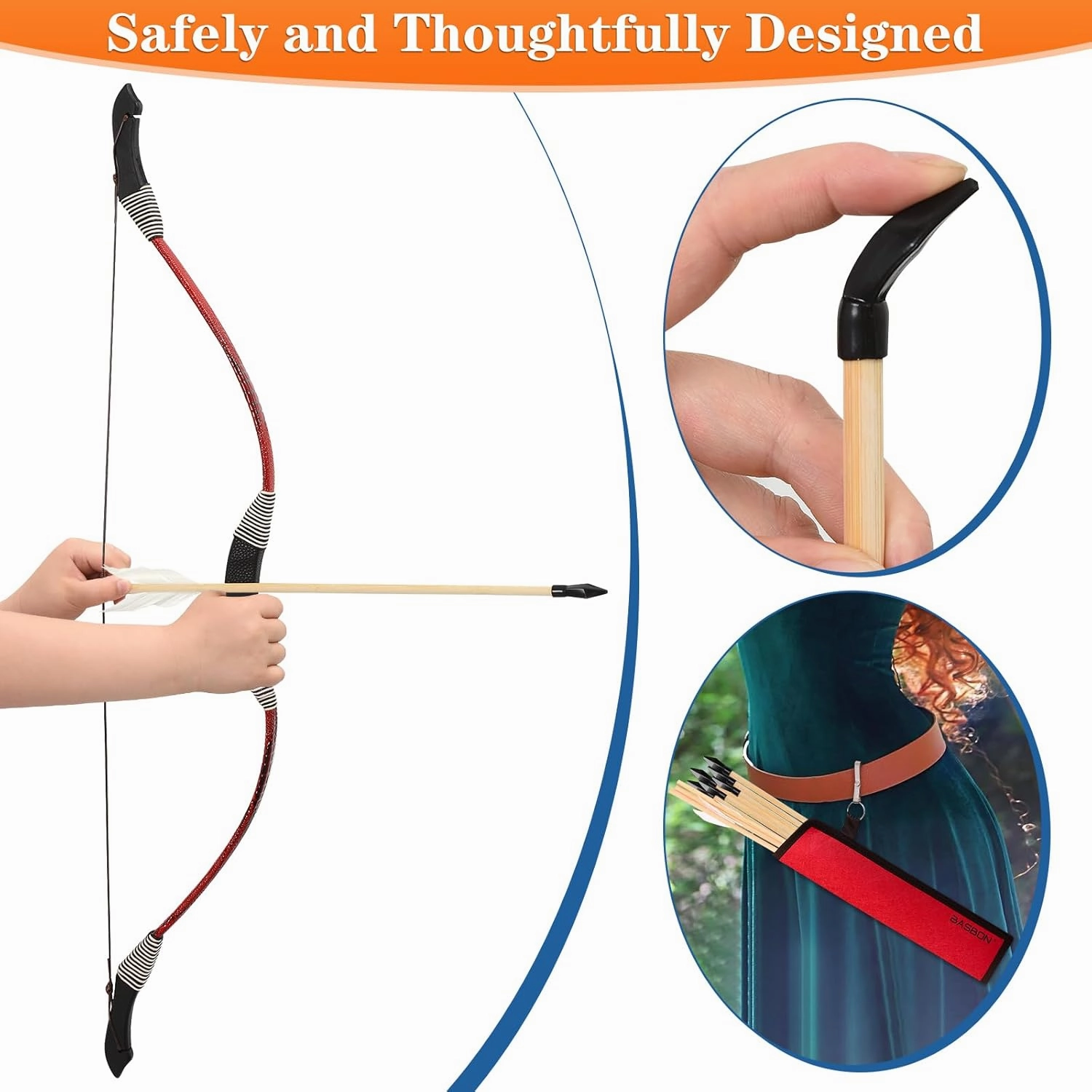 Kids Bow and Arrow Set, 33″ Archery Set Wrapped in Microfiber Leather Wooden Toy Bow and Arrow for Kids 6-8 8-12, 7 Wood Arrows, 3 Feathered Arrows (Rubber Tip), Gifts for Youth Boys Girls