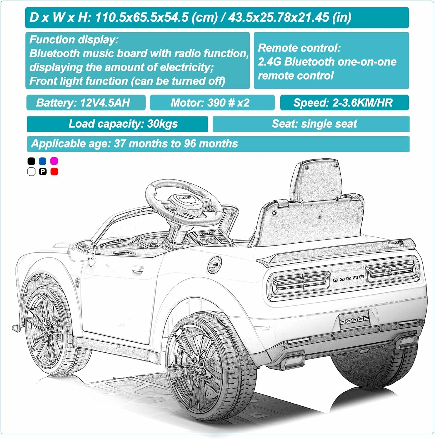 Kids Electric Car | Licensed Dodge Challenger Ride-On 12V Battery-Powered Vehicle with Remote, LED Lights, Bluetooth, MP3 for Boys and Girls, Police