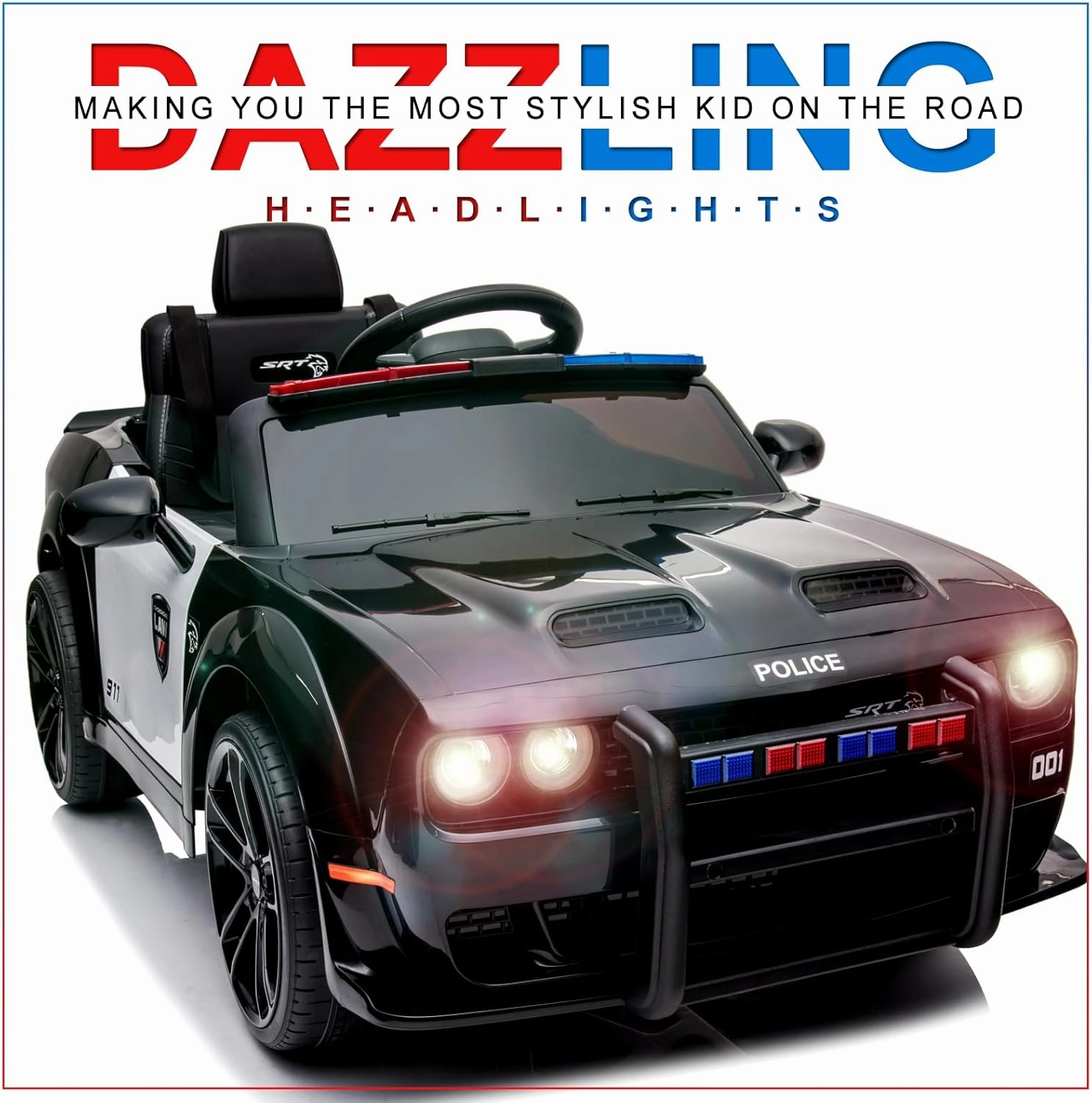 Kids Electric Car | Licensed Dodge Challenger Ride-On 12V Battery-Powered Vehicle with Remote, LED Lights, Bluetooth, MP3 for Boys and Girls, Police