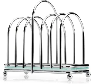 Kilo BA87 Art Deco Design Chrome 6 Slice Toast Rack with Frosted Glass Base, Ball Feet and Loop Carry Handle, Silver