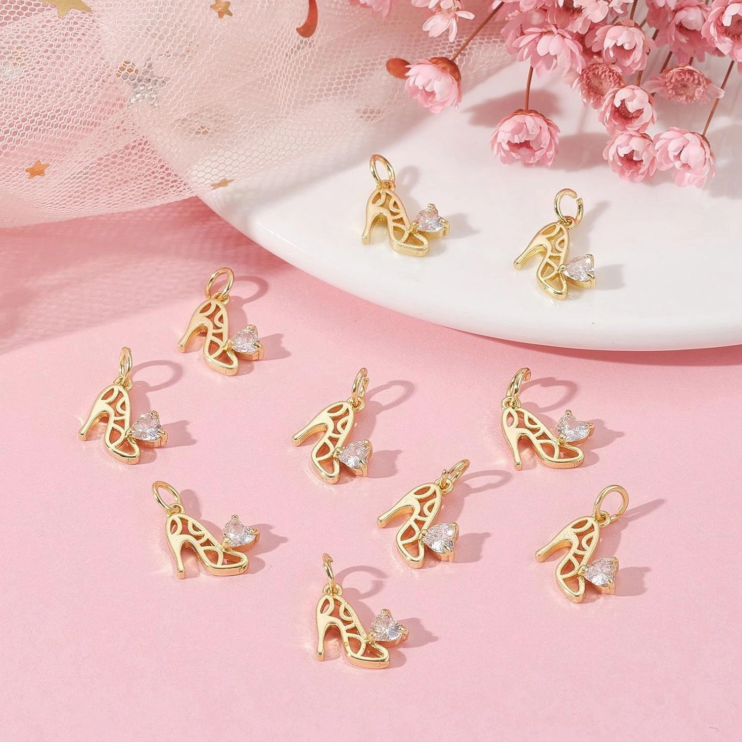 KitBeads 20pcs Cubic Zirconia High Heel Charms 18K Real Gold Plated Shoe Heart Charms Brass Hollow High Heel Shoe Charms for Jewelry Making Bulk, Hollow High Heel-20pcs
