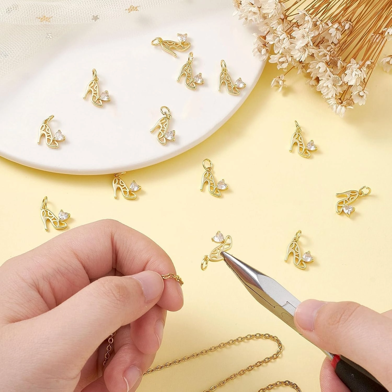 KitBeads 20pcs Cubic Zirconia High Heel Charms 18K Real Gold Plated Shoe Heart Charms Brass Hollow High Heel Shoe Charms for Jewelry Making Bulk, Hollow High Heel-20pcs