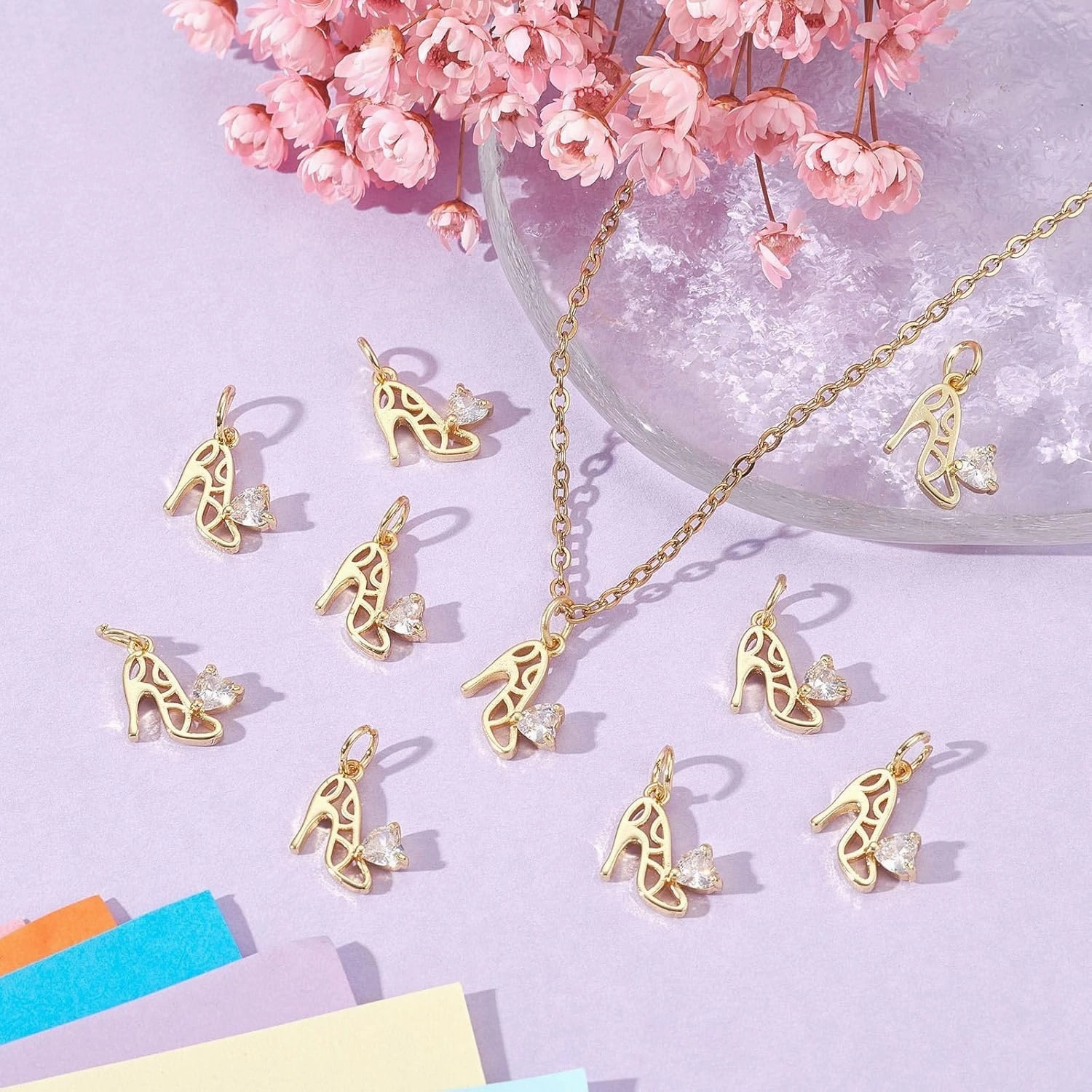 KitBeads 20pcs Cubic Zirconia High Heel Charms 18K Real Gold Plated Shoe Heart Charms Brass Hollow High Heel Shoe Charms for Jewelry Making Bulk, Hollow High Heel-20pcs