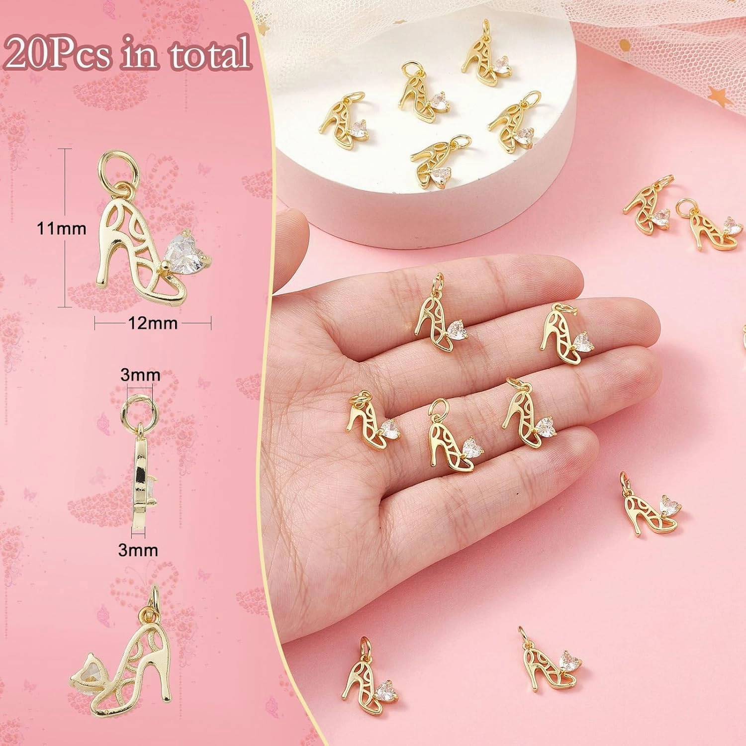 KitBeads 20pcs Cubic Zirconia High Heel Charms 18K Real Gold Plated Shoe Heart Charms Brass Hollow High Heel Shoe Charms for Jewelry Making Bulk, Hollow High Heel-20pcs