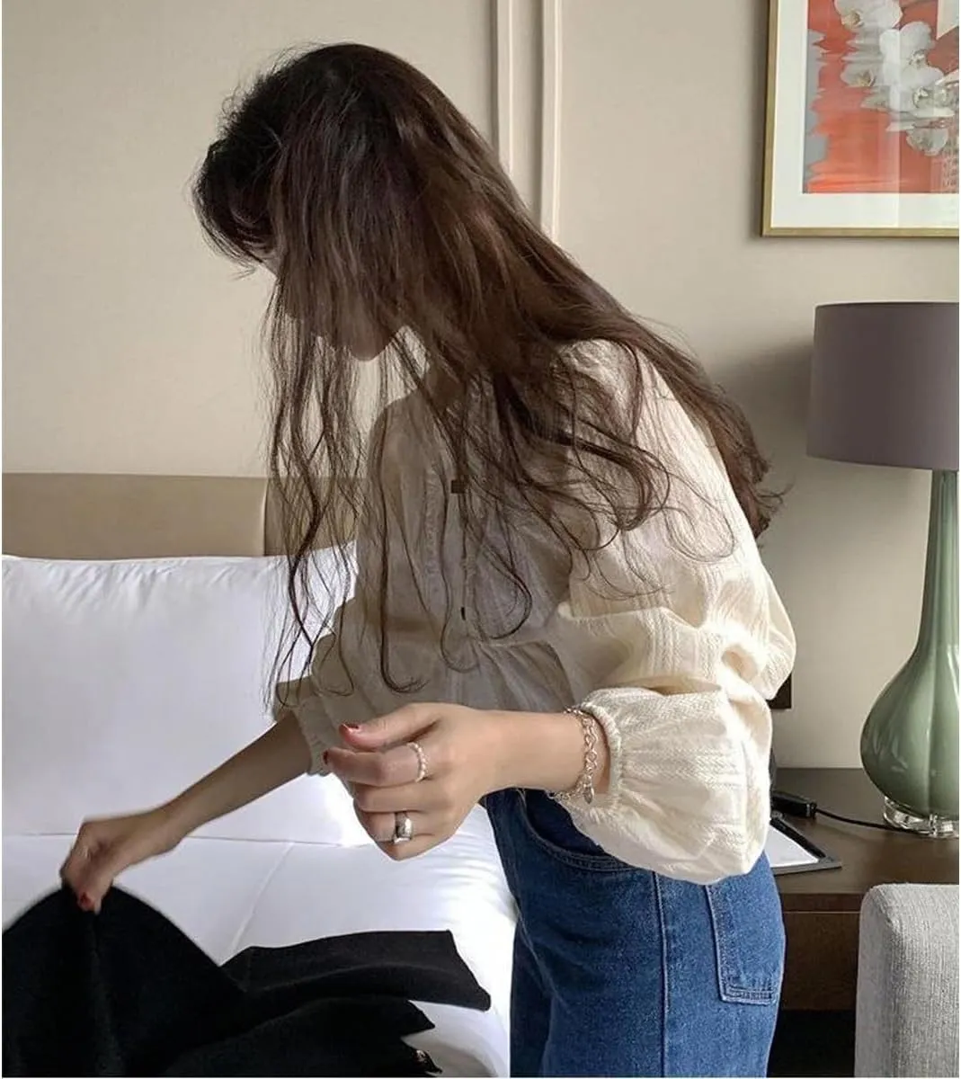 Korean Version of Women's Shirt, Women's Sweet Round Neck Pleated Small lace top, Women's Long Sleeved Shirt top