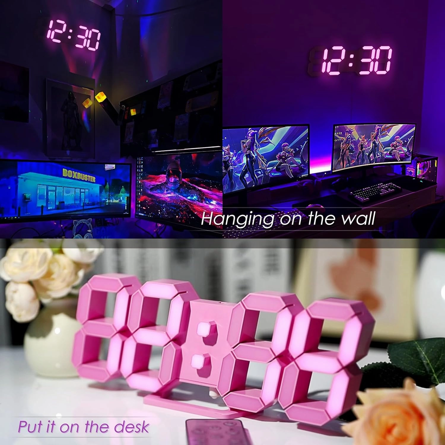 KOSUMOSU Pink LED Clock 3D Wall Clock 9.7" Table Clock for Living Room Modern Digital Clock for Bedroom Aesthetic Bedside Desk Clock with Remote/Dimming/12/24H/Temp/Alarm Clock/Date