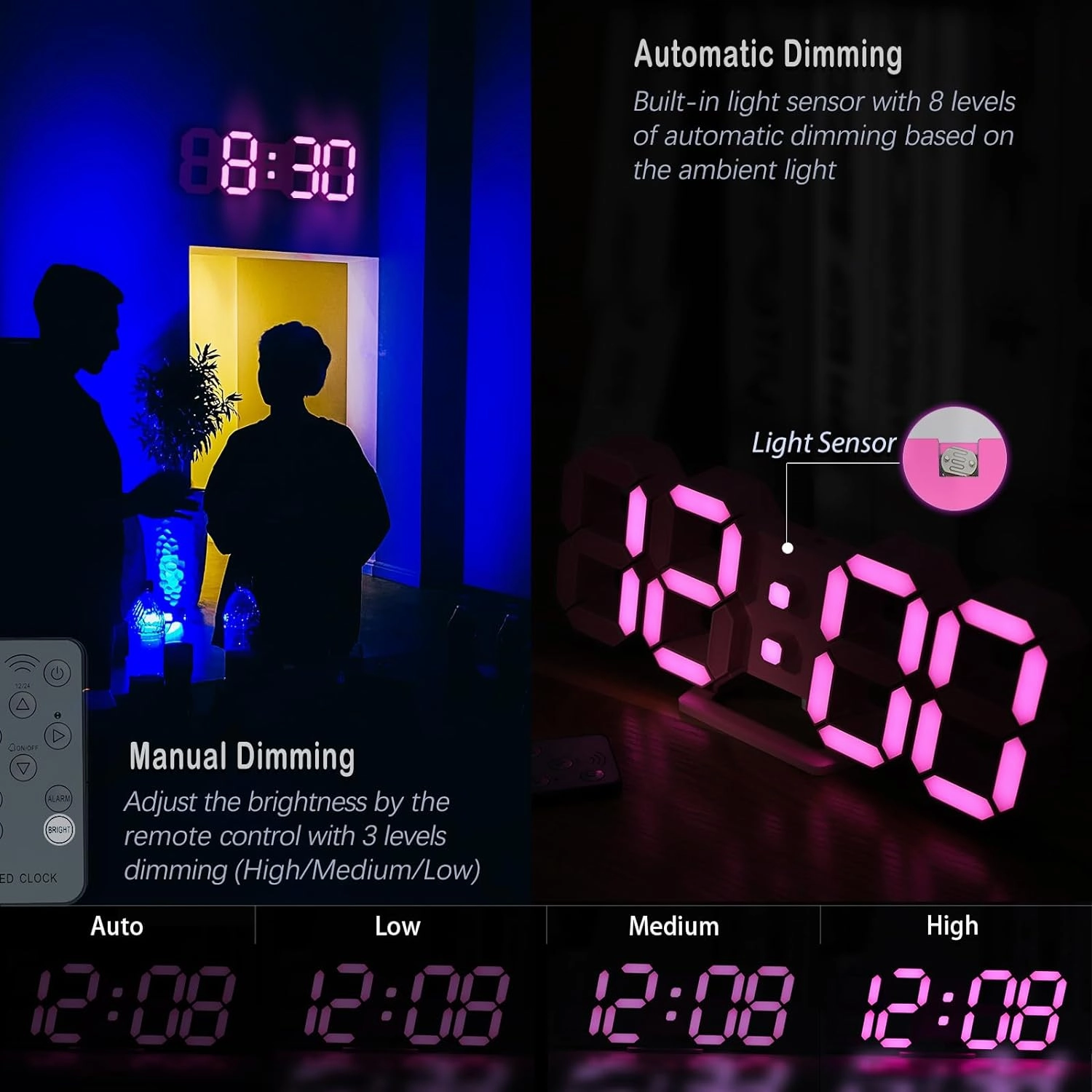 KOSUMOSU Pink LED Clock 3D Wall Clock 9.7" Table Clock for Living Room Modern Digital Clock for Bedroom Aesthetic Bedside Desk Clock with Remote/Dimming/12/24H/Temp/Alarm Clock/Date