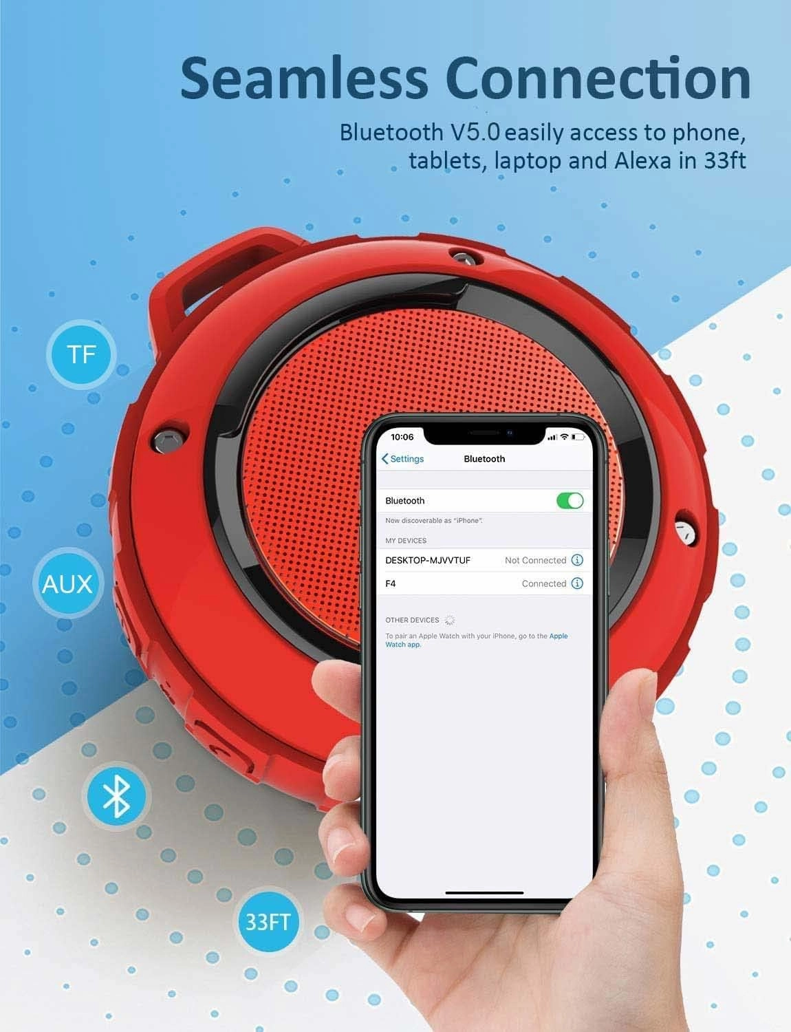 Kunodi Outdoor Waterproof Bluetooth Speaker, Wireless Portable Mini Shower Travel Speaker with Subwoofer, Enhanced Bass, Built in Mic for Sports, Pool, Beach, Hiking, Camping