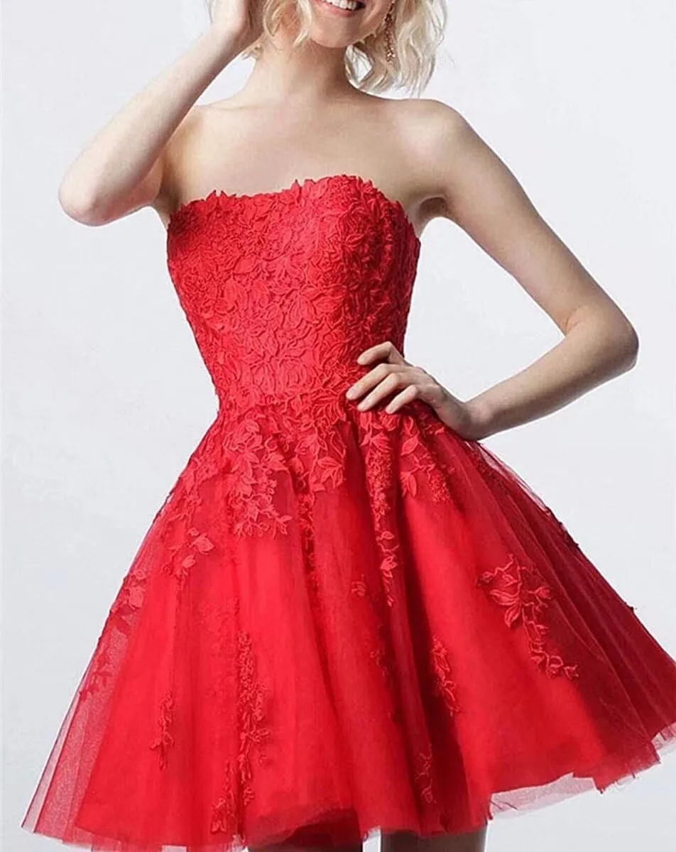 Lace Homecoming Dresses Short A Line Strapless Formal Cocktail Party Gowns