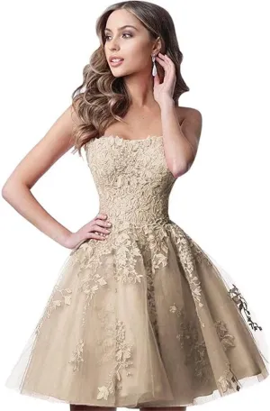 Lace Homecoming Dresses Short A Line Strapless Formal Cocktail Party Gowns