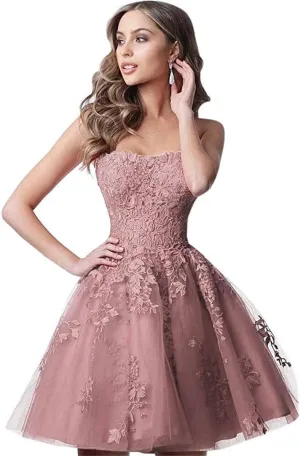 Lace Homecoming Dresses Short A Line Strapless Formal Cocktail Party Gowns