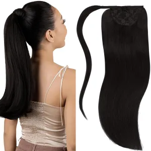 Lacerhair Wrap Around Ponytail Human Hair Extension Thick Natural Black #1B Straight Natural Hair Ponytail for Black Women 80g/set 16 Inch