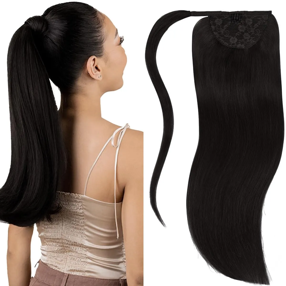 Lacerhair Wrap Around Ponytail Human Hair Extension Thick Natural Black #1B Straight Natural Hair Ponytail for Black Women 80g/set 16 Inch