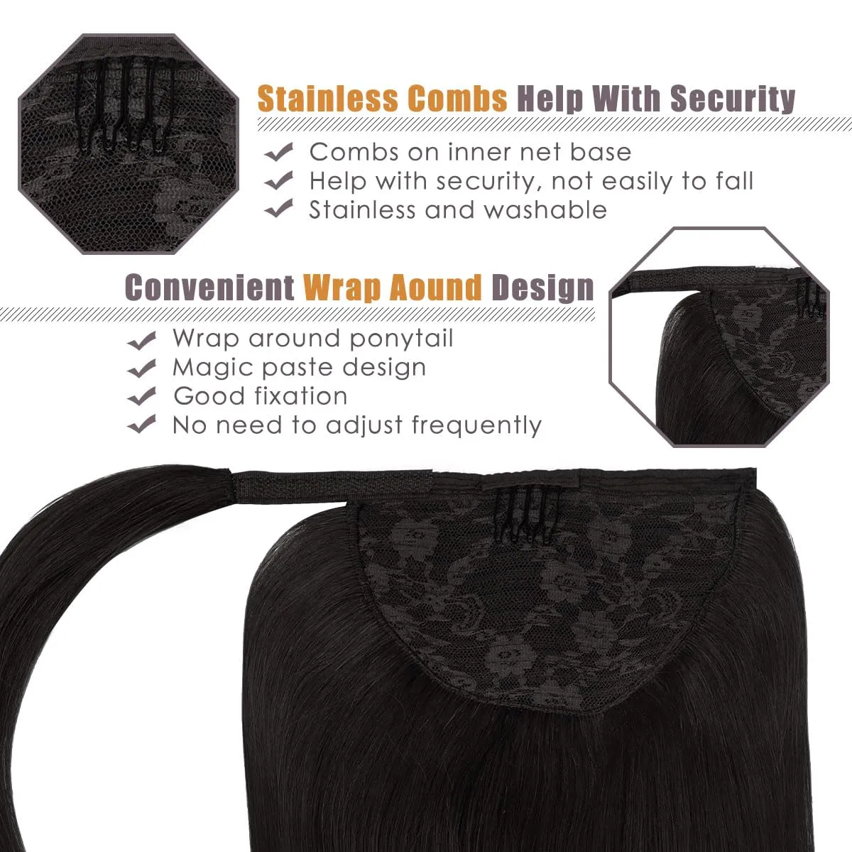 Lacerhair Wrap Around Ponytail Human Hair Extension Thick Natural Black #1B Straight Natural Hair Ponytail for Black Women 80g/set 16 Inch