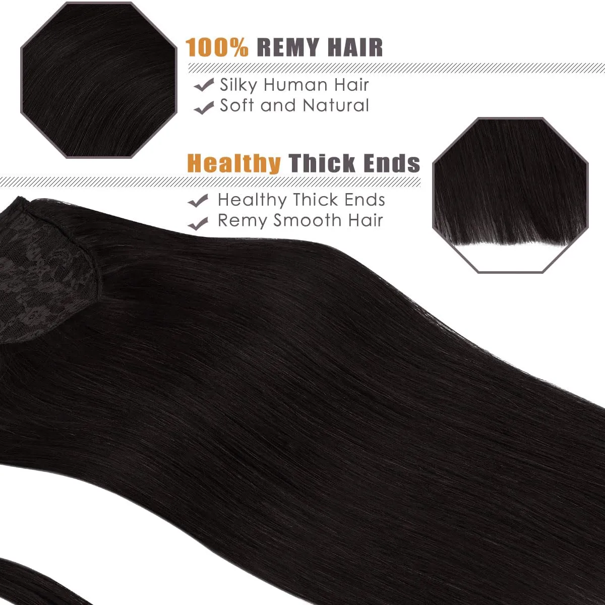 Lacerhair Wrap Around Ponytail Human Hair Extension Thick Natural Black #1B Straight Natural Hair Ponytail for Black Women 80g/set 16 Inch