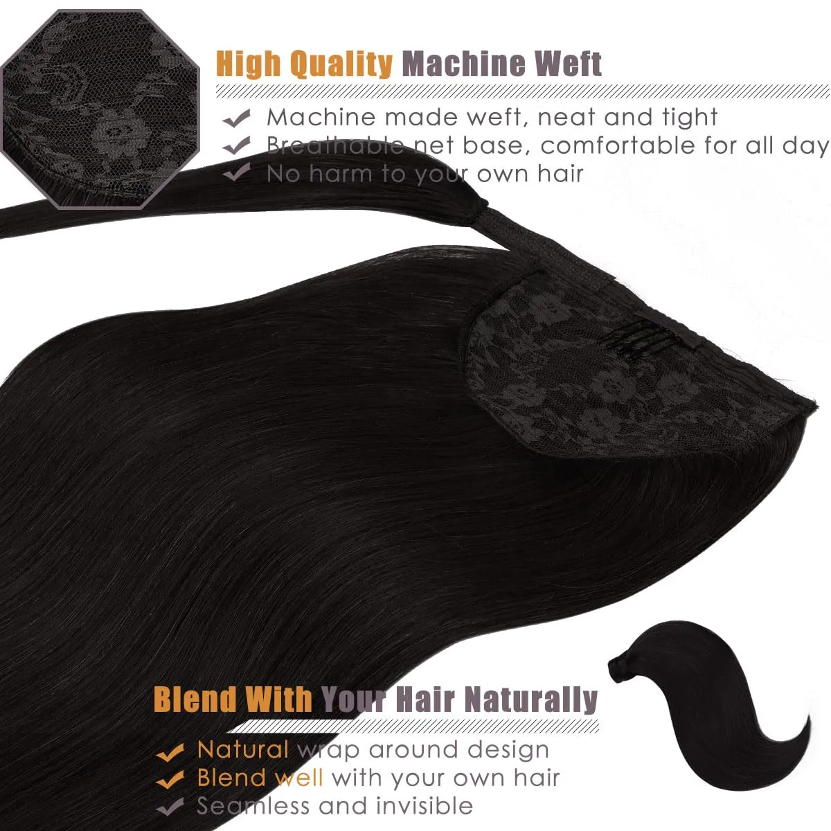 Lacerhair Wrap Around Ponytail Human Hair Extension Thick Natural Black #1B Straight Natural Hair Ponytail for Black Women 80g/set 16 Inch