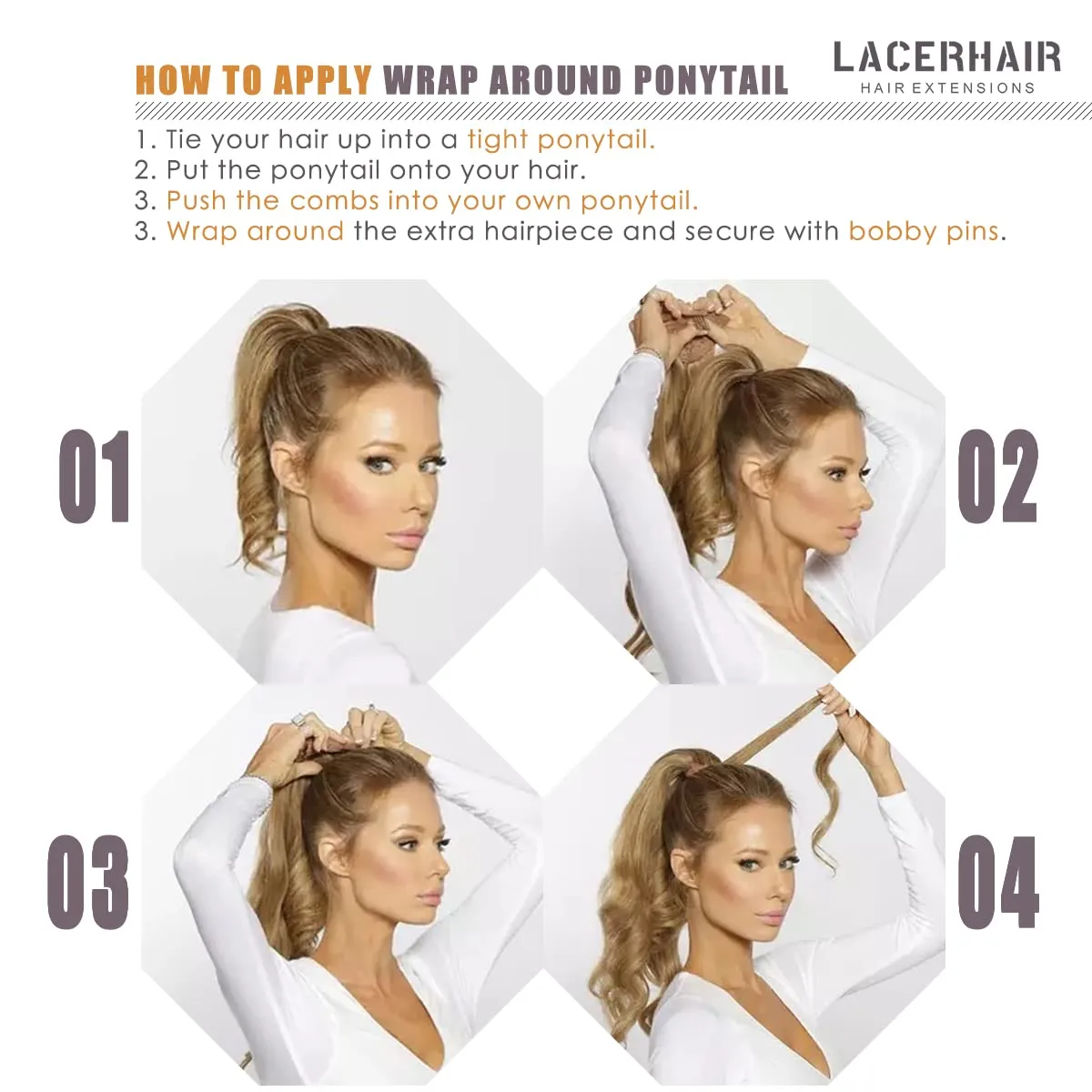 Lacerhair Wrap Around Ponytail Human Hair Extension Thick Natural Black #1B Straight Natural Hair Ponytail for Black Women 80g/set 16 Inch