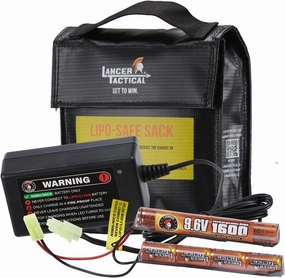 Lancer Tactical Airsoft NIMH Battery AEG Combo Pack- 9.6V 1600mAh Butterfly Mini NiMH Battery  Nimh Smart Charger  Battery Safety Charging Bag