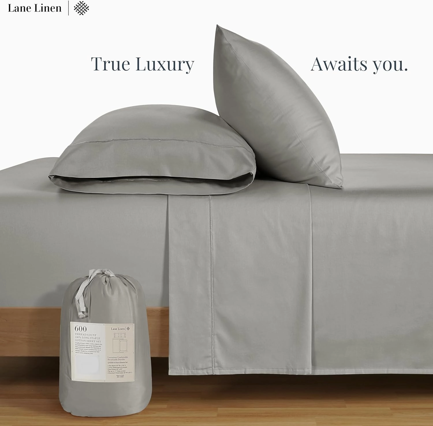 LANE LINEN 600 TC 100% Cotton Queen Sheet Set - Fully Elasticized Soft Queen Deep Pocket Bedding Set, Sateen Weave, Comfy & Natural Cooling Cotton Sheet Set Queen Size, Cotton Bedding Sheets - Silver