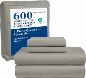 LANE LINEN 600 TC 100% Cotton Queen Sheet Set - Fully Elasticized Soft Queen Deep Pocket Bedding Set, Sateen Weave, Comfy & Natural Cooling Cotton Sheet Set Queen Size, Cotton Bedding Sheets - Silver