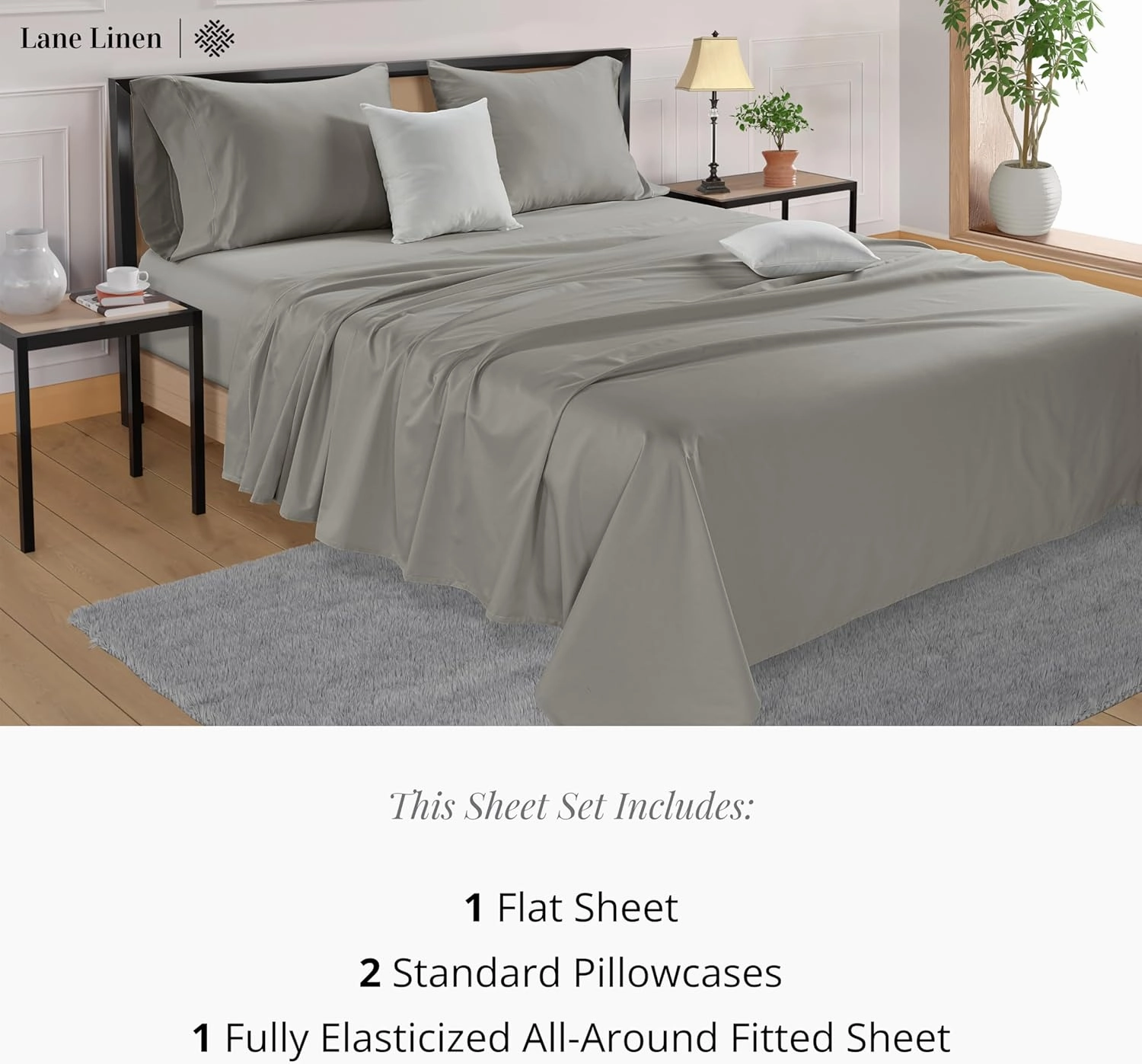 LANE LINEN 600 TC 100% Cotton Queen Sheet Set - Fully Elasticized Soft Queen Deep Pocket Bedding Set, Sateen Weave, Comfy & Natural Cooling Cotton Sheet Set Queen Size, Cotton Bedding Sheets - Silver