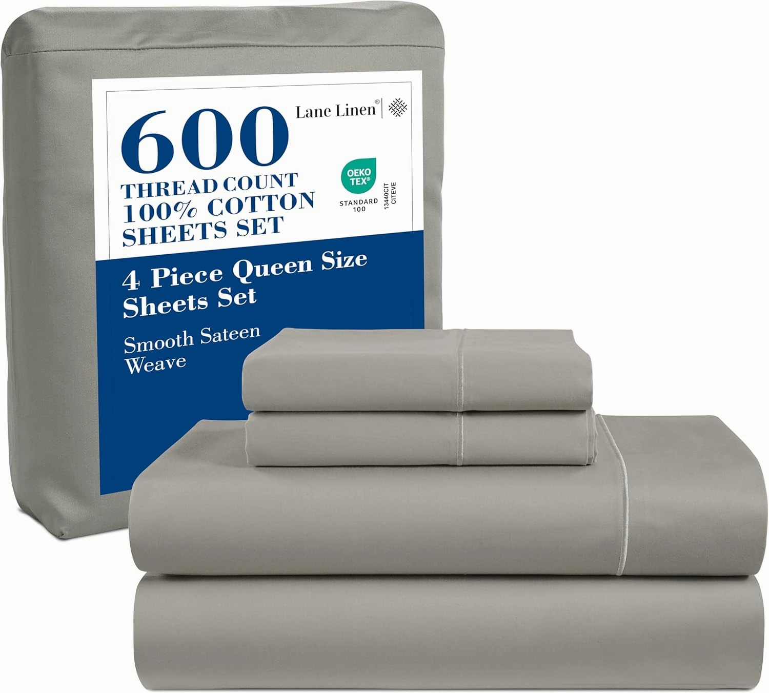 LANE LINEN 600 TC 100% Cotton Queen Sheet Set - Fully Elasticized Soft Queen Deep Pocket Bedding Set, Sateen Weave, Comfy & Natural Cooling Cotton Sheet Set Queen Size, Cotton Bedding Sheets - Silver