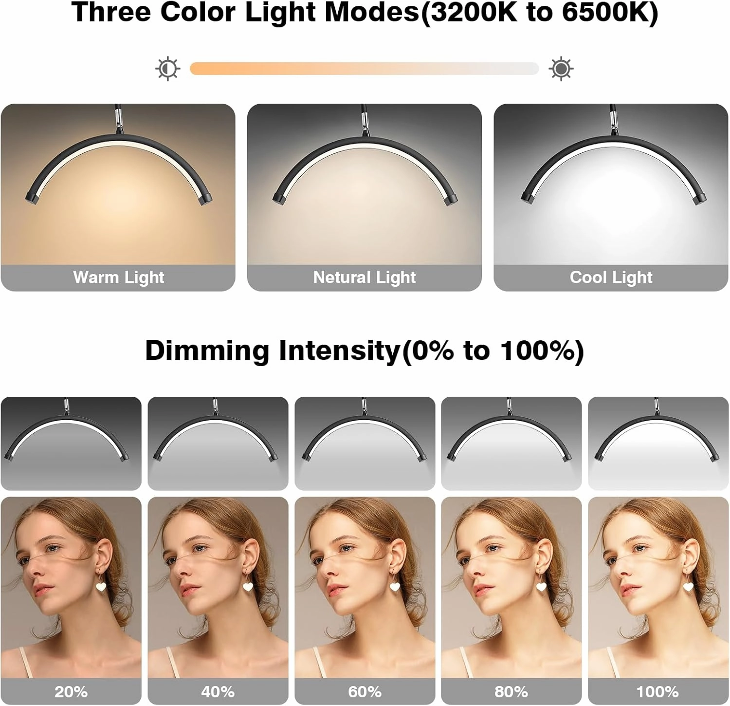 Lash Light for Eyelash Tech with Wheels, Half Moon Light for Lash Extensions, Nail Tech, Tattoo Artist and Make up, LED Floor Lamp Adjustable Brightness and Color Modes (Black)