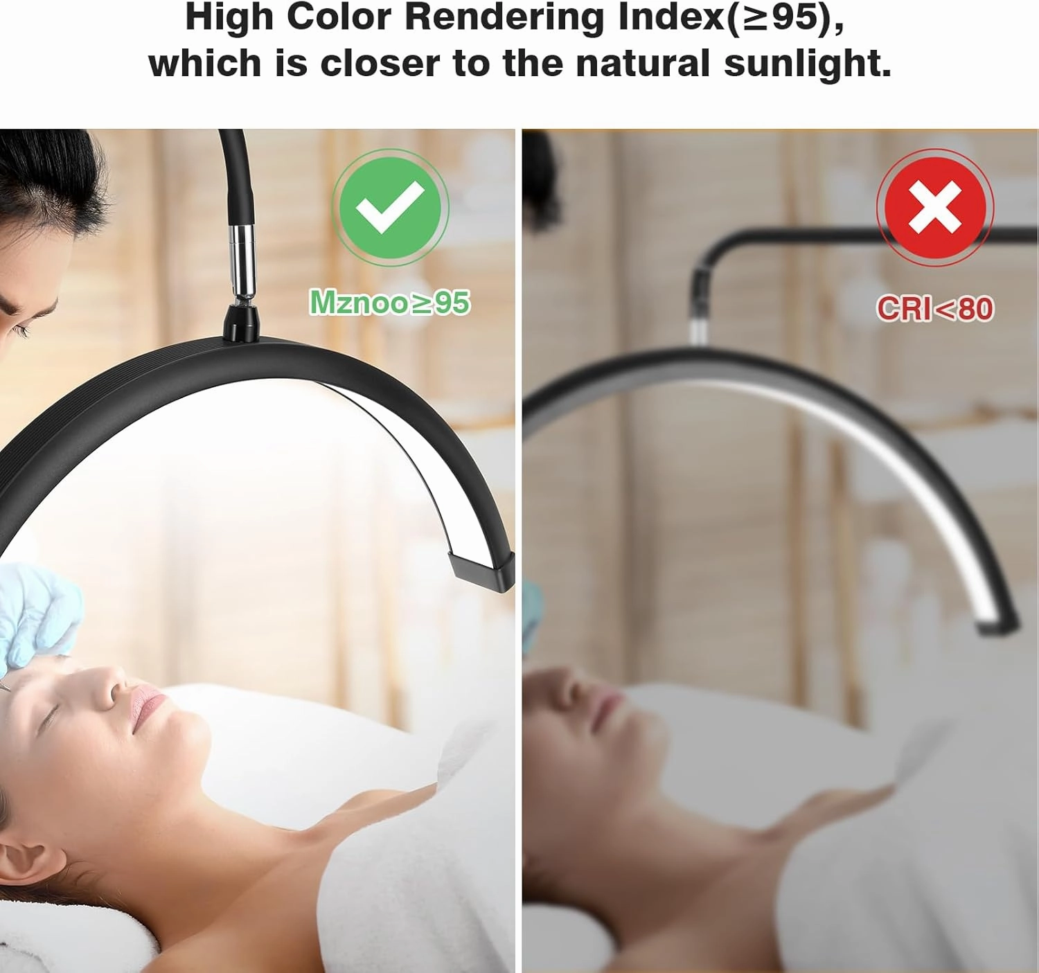 Lash Light for Eyelash Tech with Wheels, Half Moon Light for Lash Extensions, Nail Tech, Tattoo Artist and Make up, LED Floor Lamp Adjustable Brightness and Color Modes (Black)
