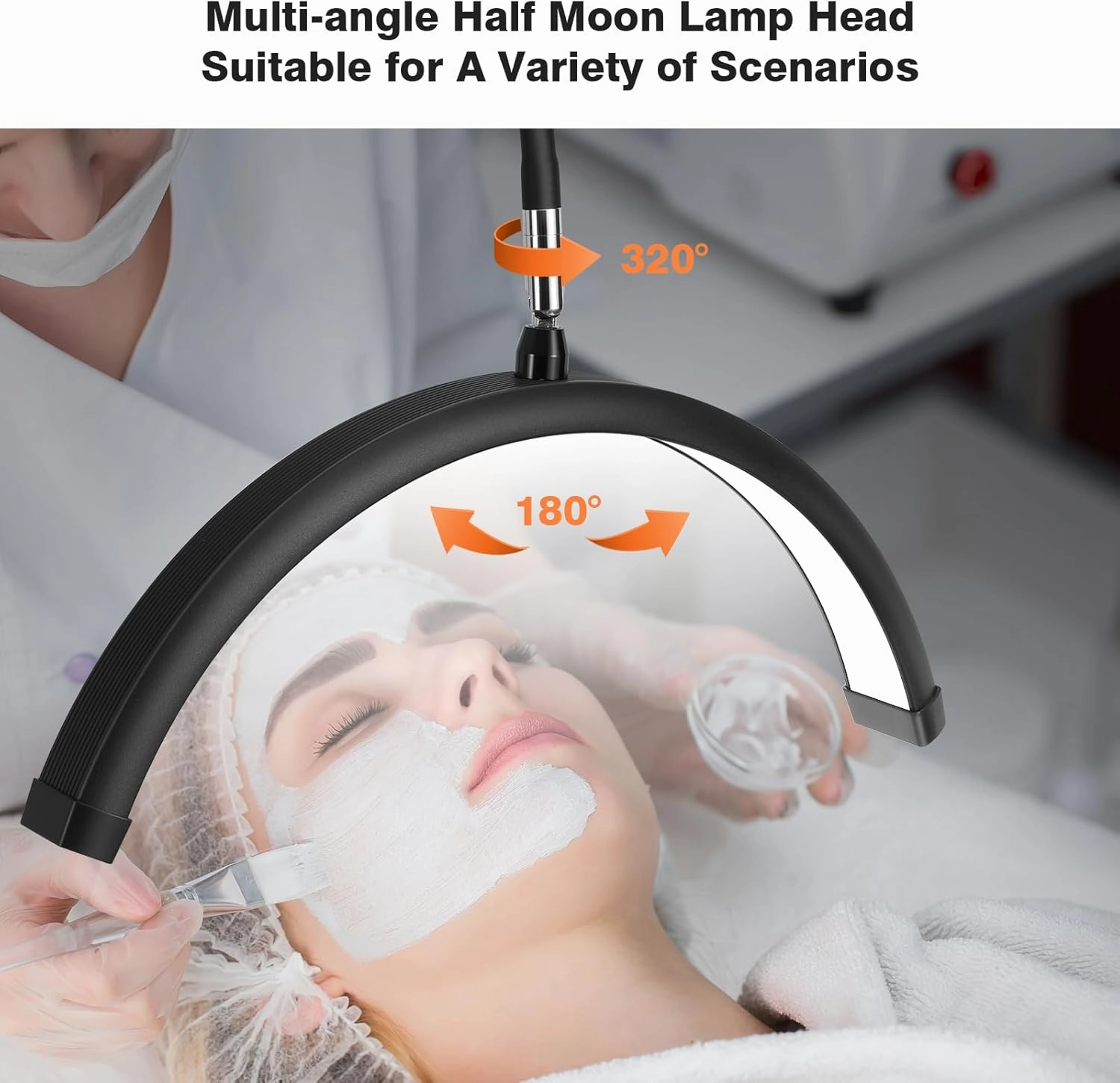Lash Light for Eyelash Tech with Wheels, Half Moon Light for Lash Extensions, Nail Tech, Tattoo Artist and Make up, LED Floor Lamp Adjustable Brightness and Color Modes (Black)
