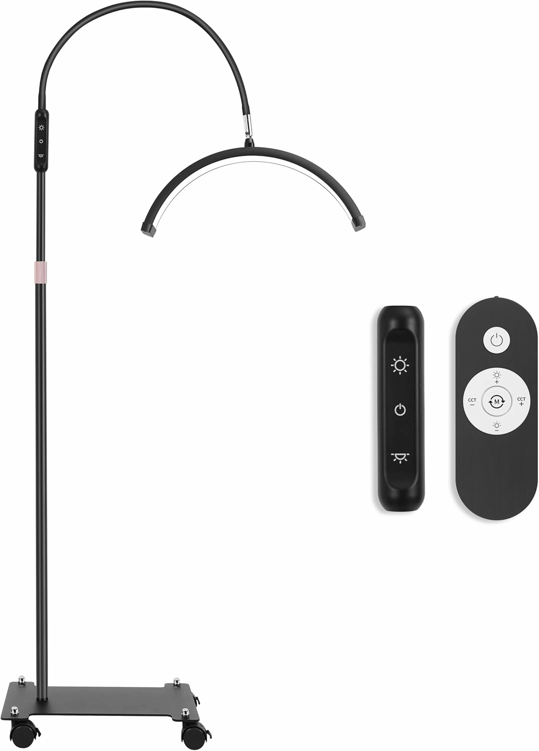 Lash Light for Eyelash Tech with Wheels, Half Moon Light for Lash Extensions, Nail Tech, Tattoo Artist and Make up, LED Floor Lamp Adjustable Brightness and Color Modes (Black)