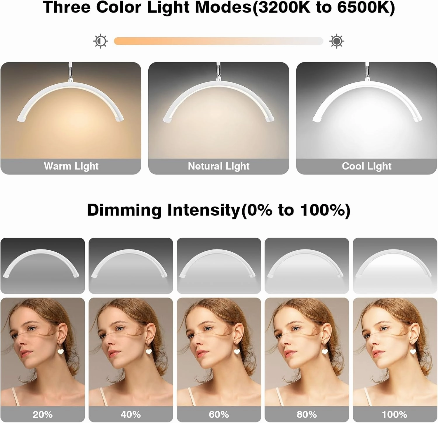 Lash Light for Eyelash Tech with Wheels, Half Moon Light for Lashes, Nails and Estheticians, LED Floor Lamp Adjustable Brightness and Color Modes (White)