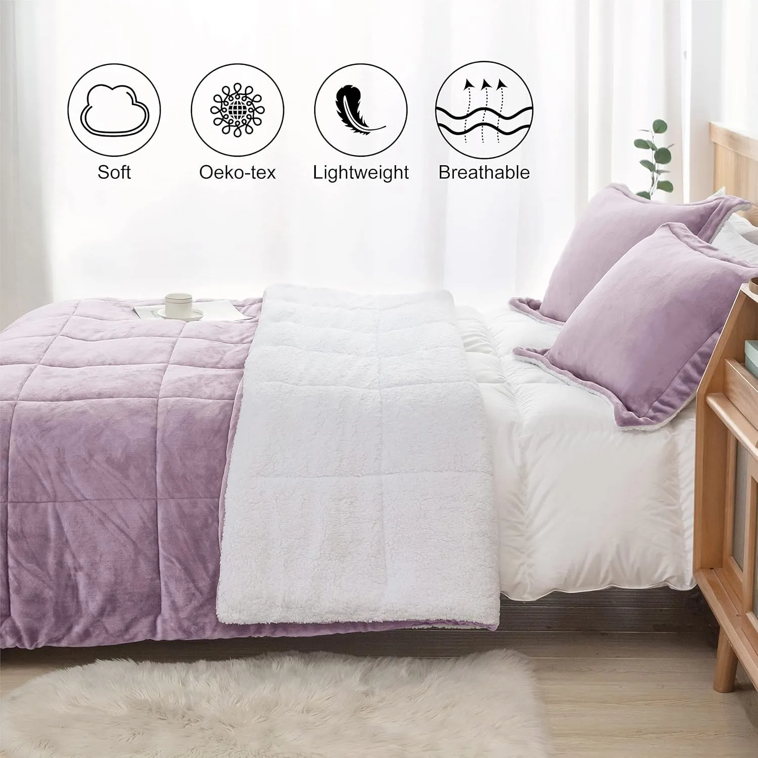 Lavender Purple Fuzzy Sherpa Comforter Set Full Queen Size, Soft Fall Winter All Season Girls Bedding Comforter Sets 3 Piece (1 Comforter and 2 Pillow Shams)